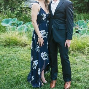 Long wrap navy blue floral dress